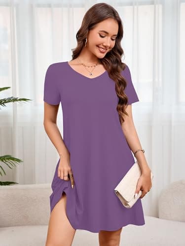 Moodclo Summer Dresses for Women Dark Lavander Large 2026 V-Neck Casual Knee Length Dress Loose Short Sleeve Flowy Sundresses with Pockets - Thumbnail 2