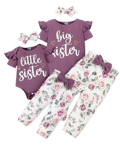 FAMIHAO Big Sister Little Sister Matching Outfits Rib Knit Ruffle Short Sleeve Romper Floral Pants Headband Baby Girl Clothes 3Pcs,12-18M Purple&White - Image 1