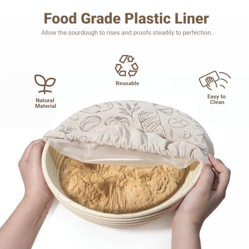 Verigud Large Reusable Linen Bread Bag and 10'' Bowl Cover with Plastic Liners for Bread Storage & Sourdough Proofing - Thumbnail 3