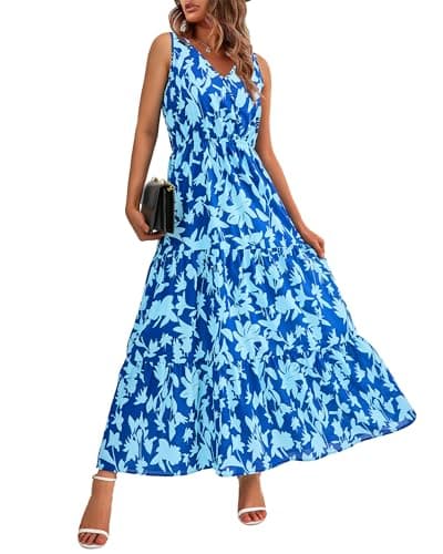 BTFBM Women Summer Dresses Casual Sleeveless Maxi Dresses Cute Floral Long Dress Wedding Guest Dress(Dark Blue Light Blue Flower,X-Large) - Image 1