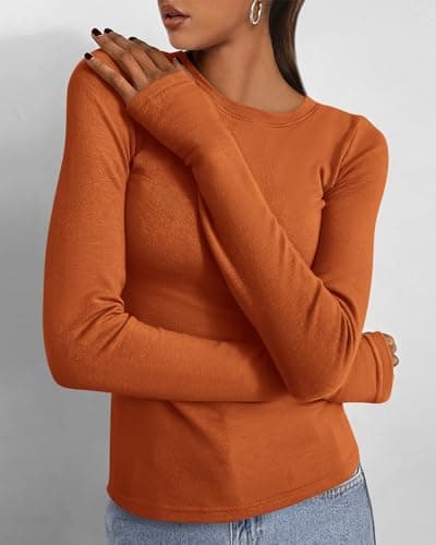 BTFBM Womens Tops 2026 Spring Outfits Long Sleeve Shirts Crewneck Work Blouses Stretchy Slim Fit Going Out Top Workout(Brick Red, Medium) - Thumbnail 4