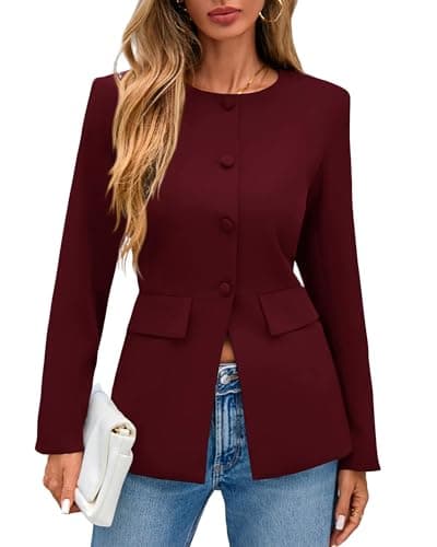 Lazysmile Blazers for Women Long Sleeve Crewneck Button Down Suit Jackets Work Office Business Casual Outfits with Pockets Wine Red - Image 1