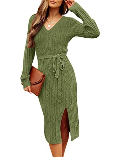 MEROKEETY Women's 2025 Fall Long Sleeve Bodycon Sweater Dress Winter V Neck Cable Knit Slit Midi Dresses, Green, S - Image 1