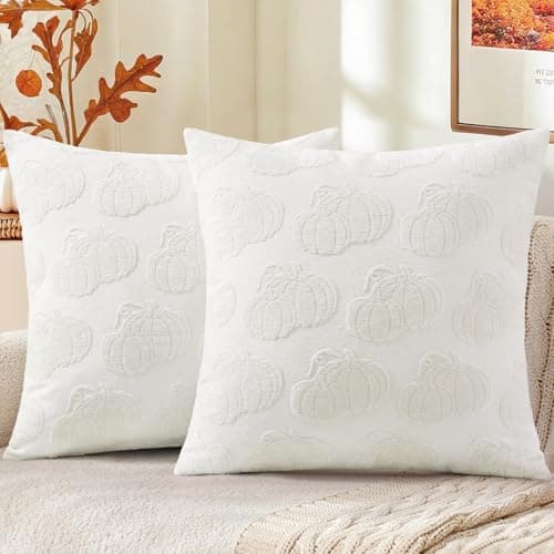 decorUhome Decorative Two Cream White Pumpkins Thanksgiving Throw Pillow Covers 18x18 Set of 2, Soft Chenille Jacquard Farmhouse Textured Pillow Covers for Couch Sofa Autumn Harvest Halloween Holiday - Image 1