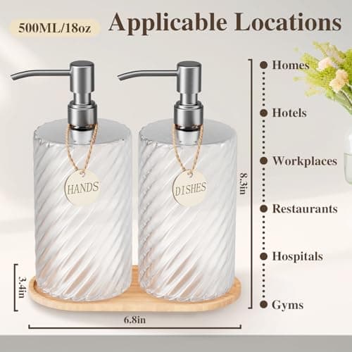 18Oz Spiral Stripe Soap Dispenser Set - Silver Stainless Steel Pump with Wood Tray, Refillable for Kitchen Sink & Bathroom Vanity, Dish Liquid & Hand Soap Storage Solution - Thumbnail 2