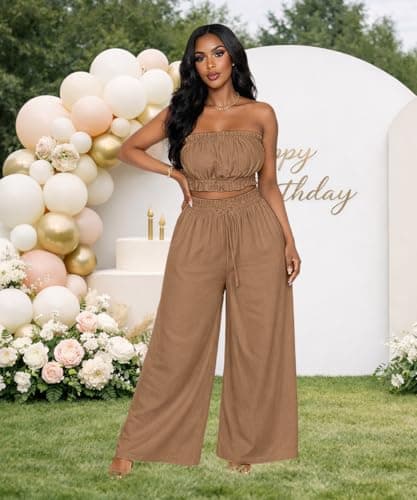 ABKY Two Piece Sets for Women Going Out Summer Off Shoulder Tube Top Palazzo Pants Set Vacation Birthday Party Date Night Outfits Khak L - Thumbnail 3