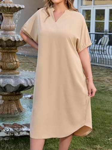 Beautife Women's Plus Size T Shirt Dress Collared V Neck Short Sleeve Maxi Dress Casual Curved Long Dresses with Pockets Khaki - Thumbnail 5