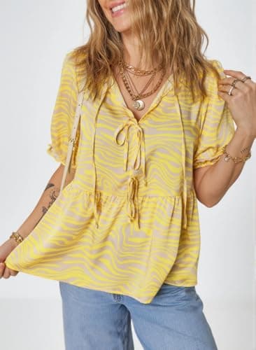 Dokotoo Shirts for Women Casual Floral Print Crew Neck Ruffle Hem Half Sleeve Cute Summer Tops for Women 2026 Womens Peplum Blouses Fashion Tie Front Boho Vacation Spring Tops Deals Yellow Medium - Thumbnail 5