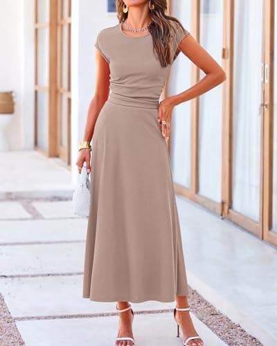 BTFBM Women Two Piece Skirt Set Summer 2025 Casual Vacation Crew Neck Short Sleeve Cropped Top Elastic Waist Midi Skirts(Khaki, Medium) - Thumbnail 4