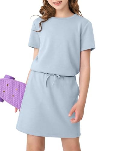 XMWEALTHY Girls Two Piece Outfits Summer Skirt Set Short Sleeve Crew Neck Tops Skorts with Pockets Kids Clothes Athletic Sweatsuit Size 11-12 Violet - Image 1