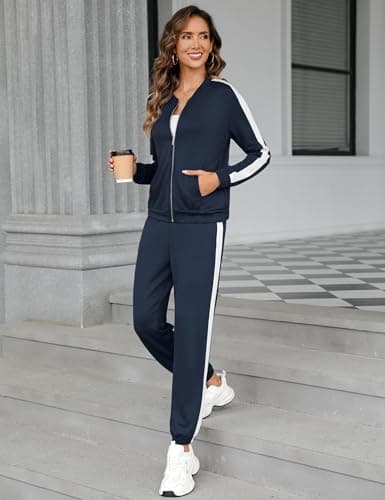 Totatuit Women's 2 Piece Tracksuit Sweatsuits Sets Side White Stripes Sweatshirt and Jogging Sweatpants Suit Navy Blue Medium - Thumbnail 6