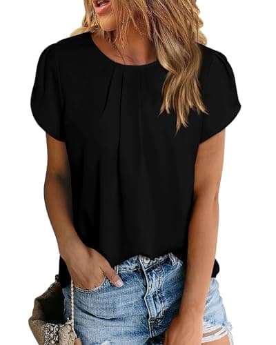 PRETTYGARDEN Women's Tops 2026 Casual Summer Round Neck Short Sleeve Basic Pleated Loose Fit Blouses Plain Tunic Shirts(Black,X-Large) - Image 1