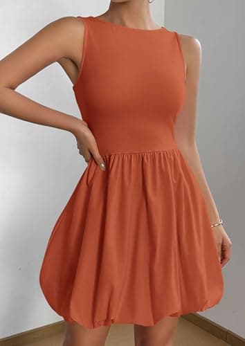 PRETTYGARDEN Summer Dresses for Women 2026 Causal Sleeveless Tank Mini Short Dress Crew Neck Bubble Sundress with Pockets (Orange,X-Large) - Thumbnail 3
