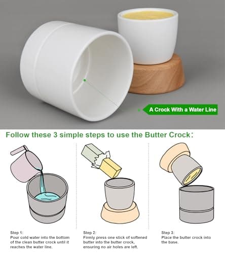 French Butter Dish,Samseel Porcelain Butter Crock with Water Line and Thick Wooden Lid, a Countertop Butter Keeper for Spreadable,Bright White - Thumbnail 4