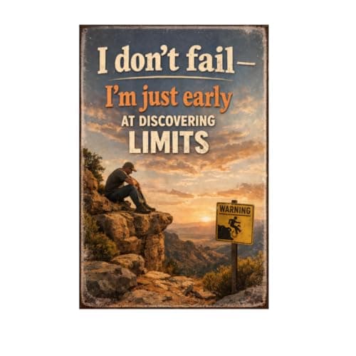 I Don’t Fail I’m Just Early At Discovering Limits Tin Sign Vintage Motivation Quote Metal Wall Decor Rustic Cliff Landscape Inspirational Art Plaque For Home Office Cabin Garage 8x12 Inch - Image 1