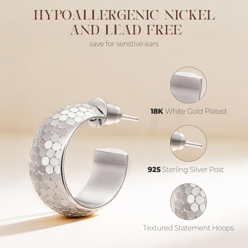 EYESHOCK Small Half Huggie Hoop Earrings for Women, Chunky Style 18K Silver Plated 925 Sterling Silver Post, Hypoallergenic Nickel-Free Hammered Honeycomb Texture, Lightweight for Sensitive Ears - Thumbnail 4