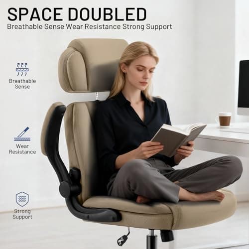 AreShark Ergonomic Office Chair with Lumbar Support, 400lbs Heavy Duty Big and Tall Executive Desk Chair, PU Leather High Back Computer Chair with Flip-Up Arms & Adjustable Headrest, Khaki - Thumbnail 4