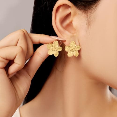 EINNULEIN 18K Gold Plated Gold Flower Earrings For Women Trendy Dainty Small Flower Statement Earrings Hypoallergenic Floral Stud Earring Jewelry Gifts for Her - Thumbnail 3