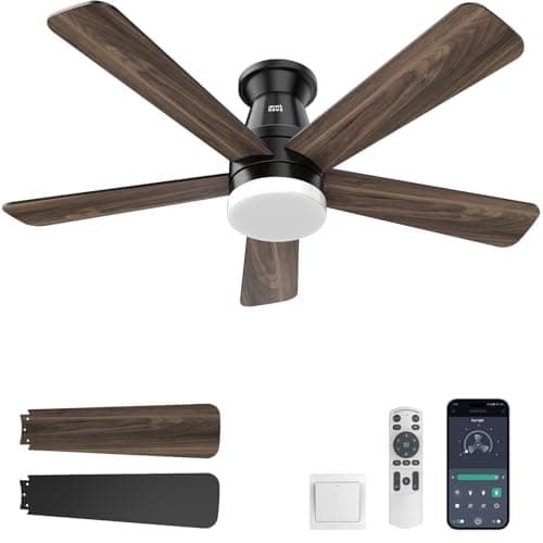 Minthouz Ceiling Fans with Lights, 42 inch Ceiling Fan with Light with APP/Remote Control, 6000K Dimmable LED, Modern Flush Mount Ceiling Fan for Indoor Bedroom Living Room, DC Reversible, Black - Image 1