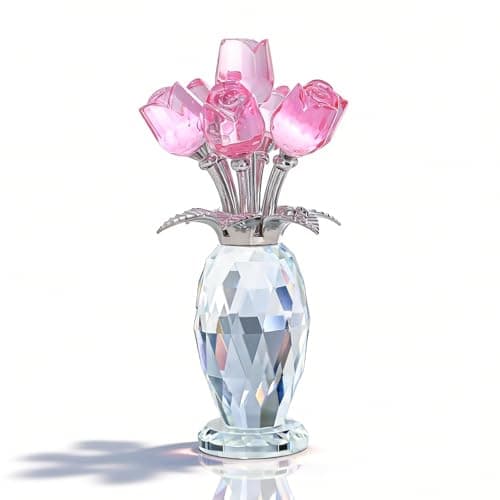 MysticGlitz Pink Crystal Rose Collectible Figurine with Faceted Vase - 5.7" Hand-Crafted Glass Flower Statue - Elegant Keepsake Ornament for Home Decor, Mother's Day, Anniversary, Wedding Gift - Image 1