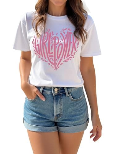 AiMgFUN Women's 2025 Summer Graphic T Shirts,Stylish Short Sleeve Tee, Printed Casual Top,Crew Neck Pink Heart White-XL - Thumbnail 4