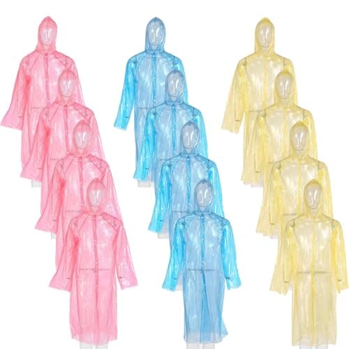 12 Pack Clear Rain Ponchos with Hood for Adults, Family, 3 Colors 51.1 Inches Emergency Raincoats (12, Red+ Yellow+ Blue) - Image 1