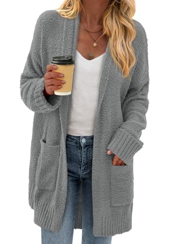 KIRUNDO Cardigan Sweaters for Women 2026 Fall Chunky Fuzzy Knit Open Front Loose Long Sleeve Sweater Coats Winter Clothing(Grey, Medium) - Image 1