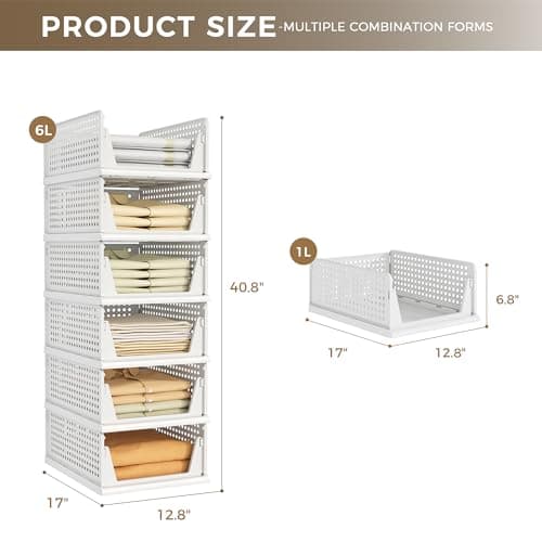 Pinkpum 6 Pack Closet Organizers Storage Bins, Stackable Plastic Drawer Basket for Clothing, Stackable Storage Bins Shelf Storage Container for Closet Wardrobe Bedroom Bathroom Office White - Thumbnail 2