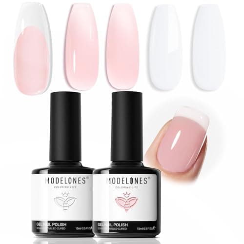 modelones Gel Nail Polish Set 2 Pcs 15ml French Manicure Kit White Nude Pink Jelly Sheer Gel Polish Soak Off UV LED Classic French Tip Gel Polish Natural Nail Art DIY Gift for Women - Image 1