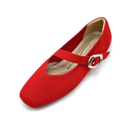 unsylvion Flats for Women Square Toe Ballet Flats with Ankle Strap Stylish Mary Jane Shoes Comfortable Casual Footwear Perfect for Everyday Wear Red - Image 1