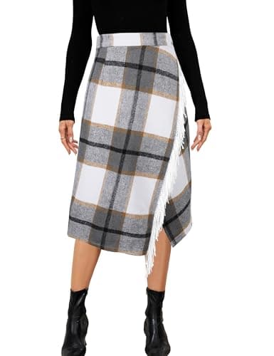 Tanming Womens Plaid Fringed Midi Skirt A Line Warm Wool Wrap Skirt Fall Winter Tartan Dress (LightGrey-XS) - Image 1