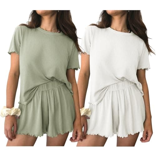 Ekouaer 2 Packs Womens Pajama Set Short Sleeve Sleepwear Soft Top and Shorts Pjs Casual Outfits Lounge Set with Pockets White/Green - Image 1