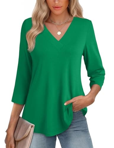 3/4 Length Sleeve Womens Tops V-Neck Flowy Split Tunic Tops Summer T-Shirts Dressy Casual Blouses Shirts Loose Fit Tee Shirts 2026 Green XXL - Image 1