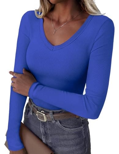 GKBK Women Long Sleeve V Neck Ribbed Knit Slim Fitted Shirts Basic Tee Cute Tshirts Going Out Tops 2025 Fall Winter Casual T Shirts Blouse Outfits Work Fashion Trendy Clothe Royal Blue L - Image 1