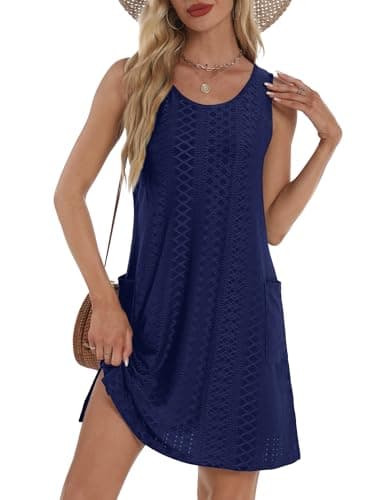 Womens Dresses Summer 2025 Loose Flowy Sleeveless Casual Dress Sundresses with Pockets Navy Blue 2XL - Image 1