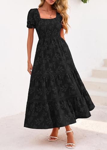 Lazysmile Women's Summer Boho Floral Maxi Dress Short Sleeve Square Neck Smocked Ruffle Elegant Wedding Guest Dress Black - Thumbnail 5