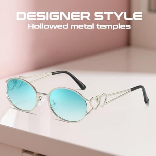 SODQW Retro Oval Sunglasses for Women Trendy Metal Frame Round Designer Sun Glasses with Heart Accents UV Protection - Thumbnail 6
