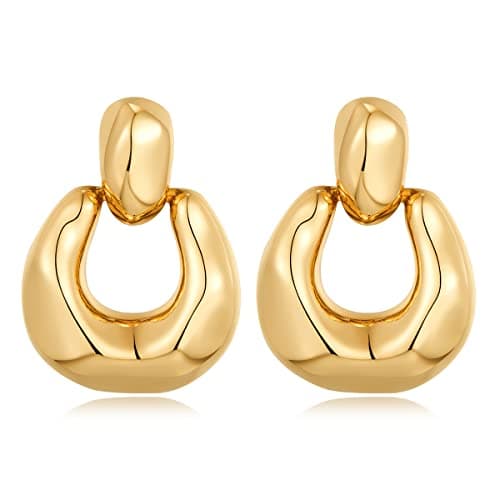 HESSAWELL Gold Dangle Earrings for Women Statement Chunky Cut Design Drop Earrings Gold Door Knock Shape Dangling Earrings for Women - Image 1