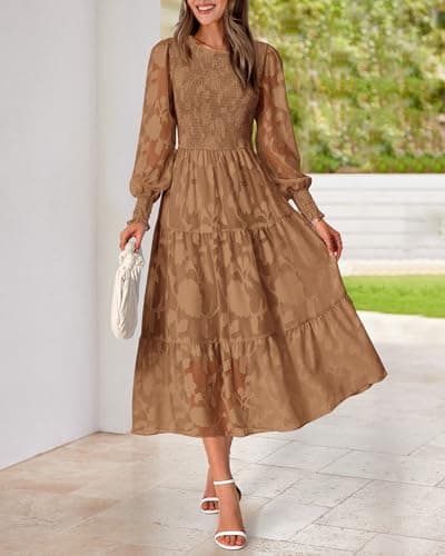 BTFBM Wedding Guest Dresses for Women Fall Fashion 2025 Casual Long Sleeve Floral Maxi Boho Homecoming Dress(Coffee,XX-Large) - Thumbnail 3