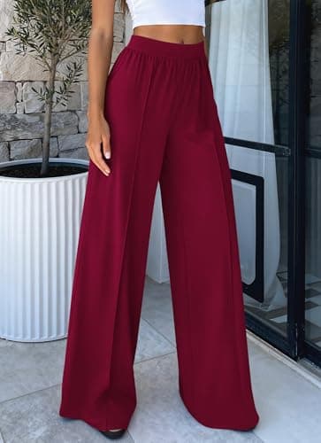 BTFBM Palazzo Pants for Women 2026 Spring Summer Casual Lounge Pants High Waist Flowy Trousers Baggy Wide Leg Pants(Burgundy, XX-Large) - Thumbnail 4