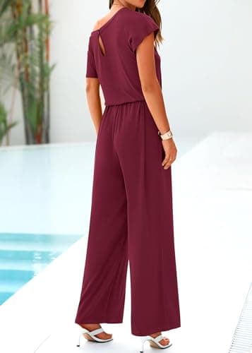 KIRUNDO Womens Jumpsuit 2026 Casual Summer Loose One Piece Off Shoulder Elastic Waist Wide Leg Long Romper with Pockets(Wine Red, X-Large) - Thumbnail 2