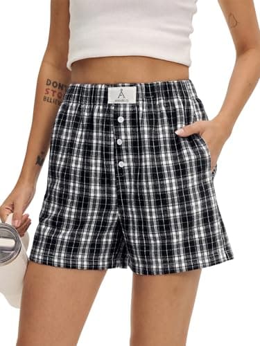 ANRABESS Shorts for Women 2026 Summer Casual Lounge Pajama Sleep Gingham Boxer Shorts Soft Comfy Beach Pj Bottoms Pockets Black White Plaid Medium - Image 1