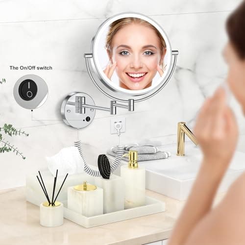 Rocollos 9" Plug-in Wall Mounted Lighted Makeup Mirror 1X/10X Magnification, Super Large Double Sided LED Vanity Mirror for Bathroom, 3 Color Dimmable 360°Swivel Extendable Shaving Cosmetic Mirror - Thumbnail 2