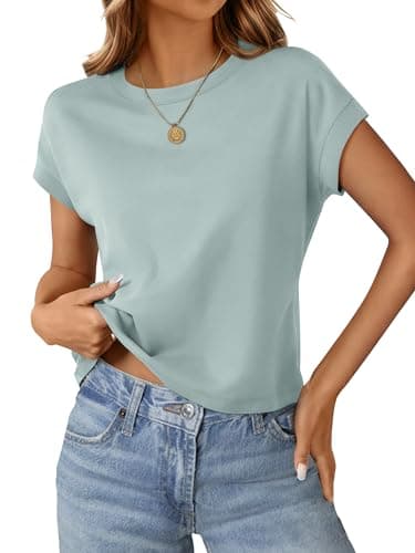 Womens Crop Tops Cap Sleeve T Shirts Cotton Crewneck Loose Fit Trendy Short Sleeve Tops for Women 2026 Mint - Image 1