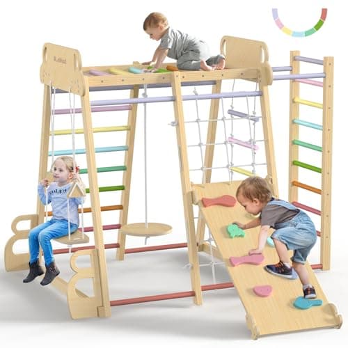 Upgraded Indoor Playground 9-in-1 Jungle Gym Kids Climbing Toys, Montessori Philosophy Waldorf Style Wooden Climber Playset with Slide, Swing, Monkey Bars, Upright/Rope Ladder, Climb Net, Rainbow - Image 1