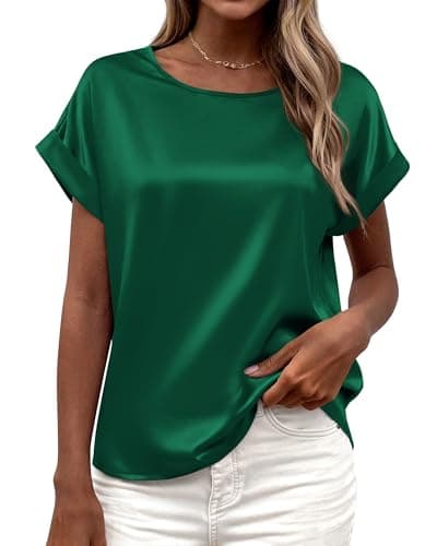 BTFBM Womens Summer Tops Satin Blouses Dressy Casual Loose Crewneck Short Sleeve Shirts 2026 Work Business Outfits(Green, XX-Large) - Image 1