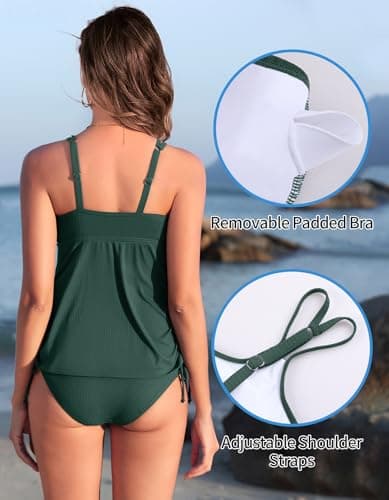 ANFILIA Two Piece Tankini Swimsuit for Women Ribbed Fabric Tummy Control Tankini Top with Bottom Bathing Suits - Thumbnail 5