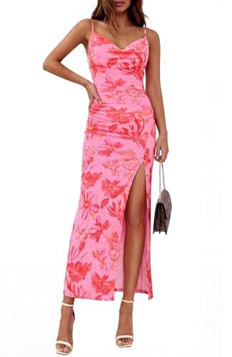 BTFBM Summer Dresses for Women 2026 Bodycon Spaghetti Strap Floral High Split Maxi Cocktail Wedding Guest Dress(Floral Pink Orange Red,Large) - Thumbnail 5