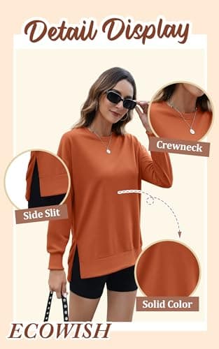 ECOWISH Women Side Split Sweatshirt: Fall Crewneck Long Sleeve Oversized Camo Shirts Casual Camouflage Print Pullover Tops 409 Orange Brown S - Thumbnail 5