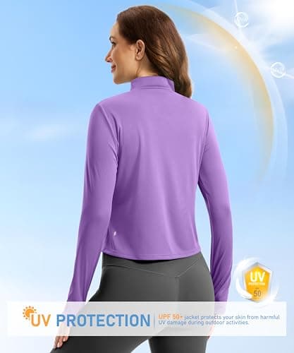 Soothfeel Women's UPF 50+ Sun Protection Athletic Jacket Lightweight Crop Zip Up Long Sleeve SPF Shirts Hiking Workout Pocket Purple L - Thumbnail 3